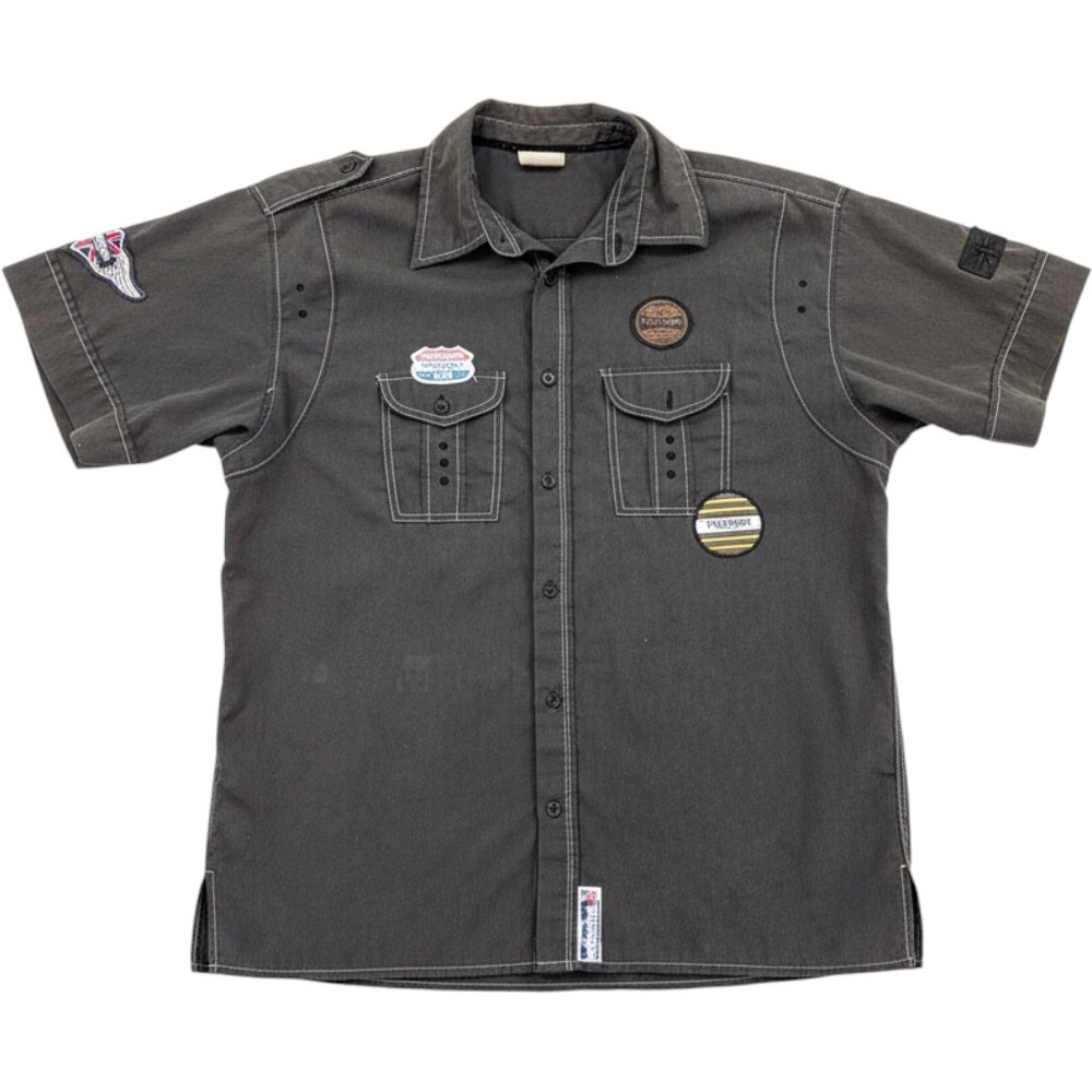 Triumph Motorcycles Mens Gray Short Sleeve Button Up Shirt Patch Logo Large